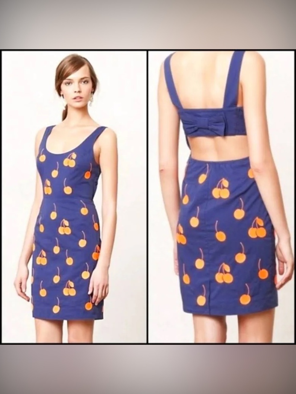 VTG Anthropologie Leifnotes Cherry Drop Sheath Dress Blue Size 4 Embroidered